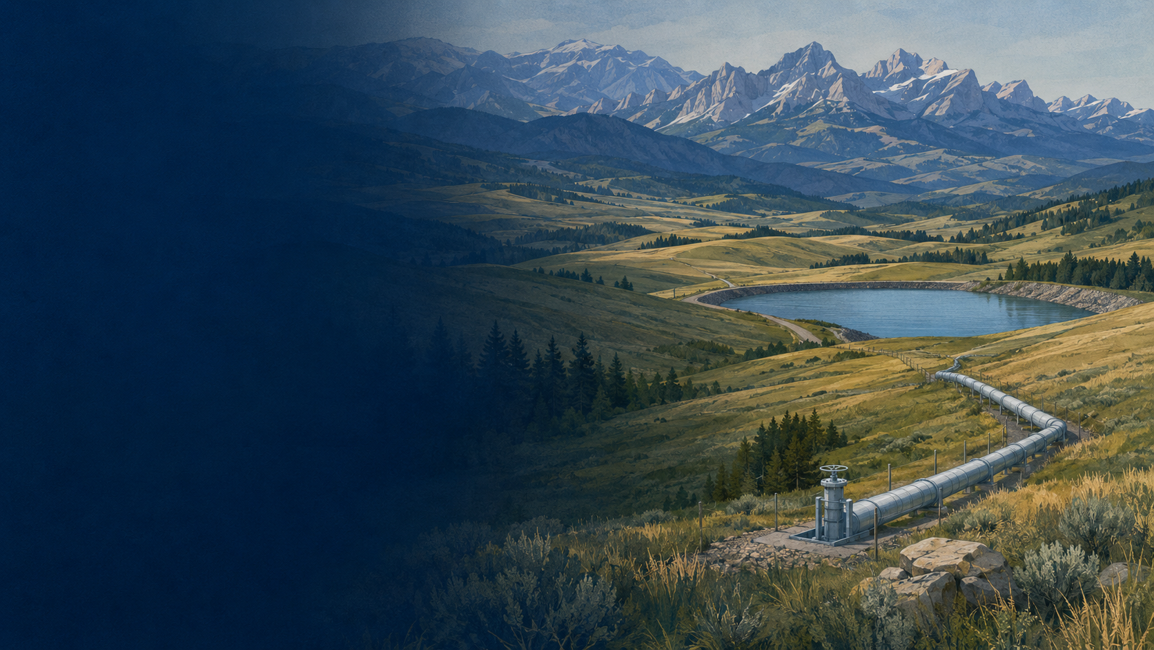 Illustrated foothills landscape, reservoir and rural water infrastructure