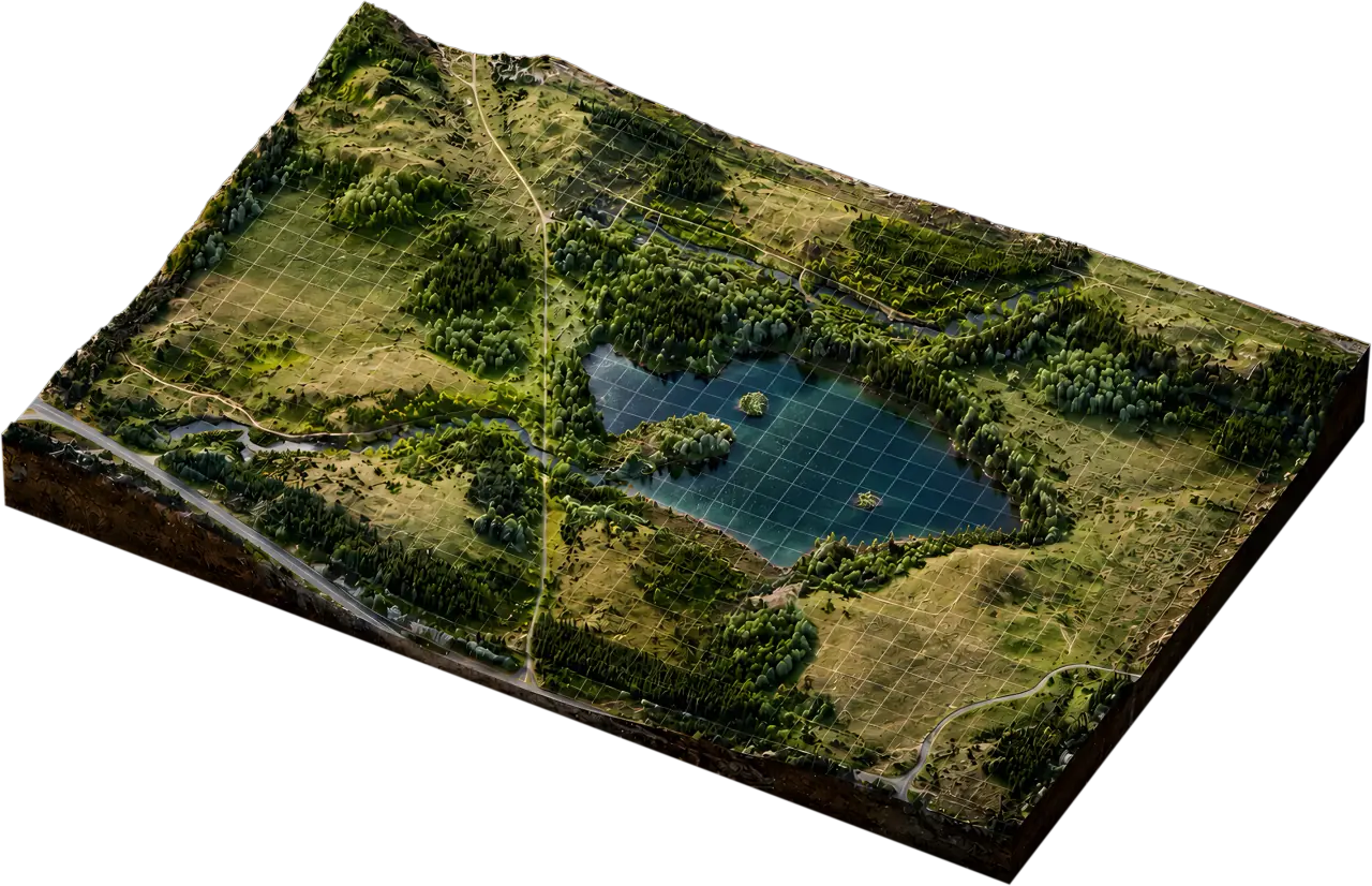Terrain model of the reservoir and the surrounding foothills, seen from above